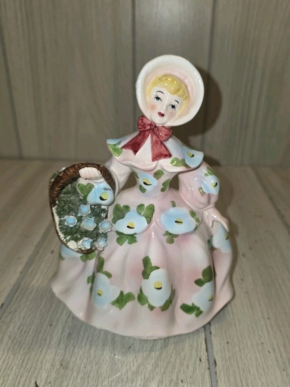 Vtg 1959 Relpo Flower Girl Basket Planter Samson Import Pink Dress Blue Flowers